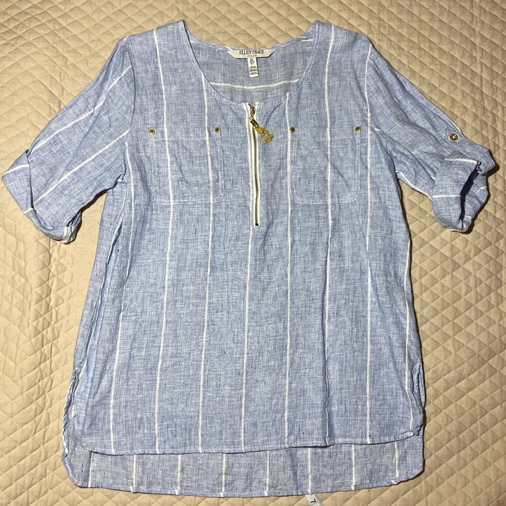 Ellen Tracy Washable Linen Tunic. Blue & White. Large. Like New.